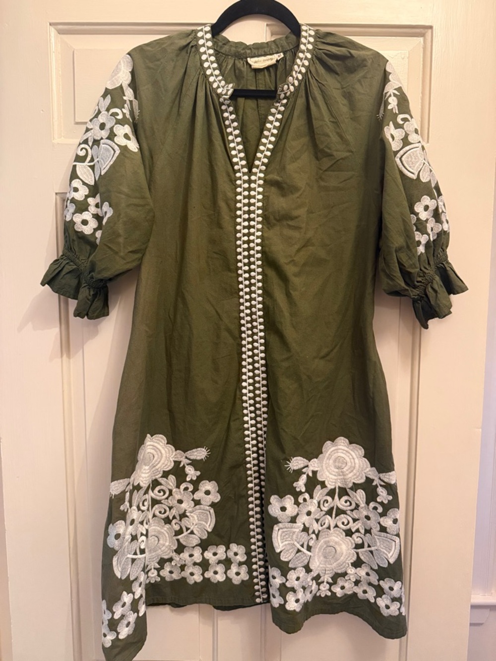 Olive Green Embroidered Midi Dress with White Floral Trim